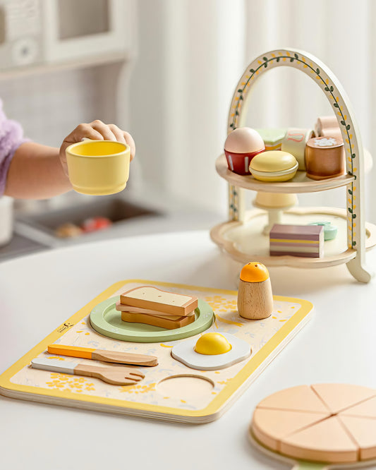Ahşap Vintage Kahvaltı Seti - 13 Parça Oyuncak Mutfak Gereçleri