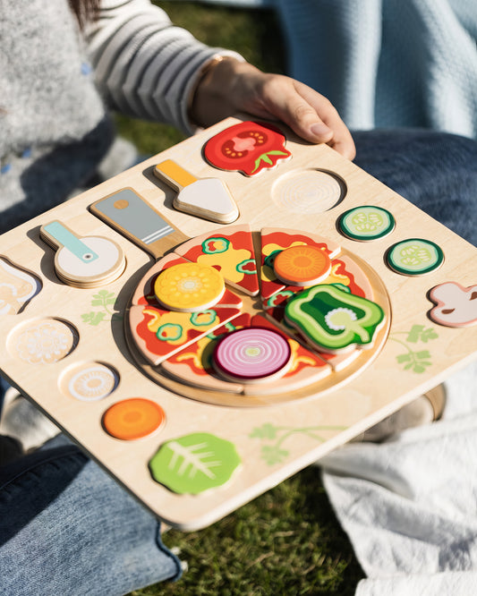 Ahşap Pizza Yapboz Seti - Şekil Eşleştirme ve Mutfak Oyunu (22 Parça