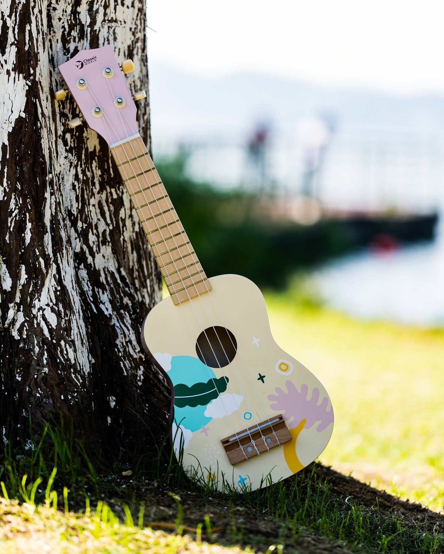 Ahşap Pembe Çocuk Gitarı Ukulelesi - Eğitici Oyuncak Müzik Aleti