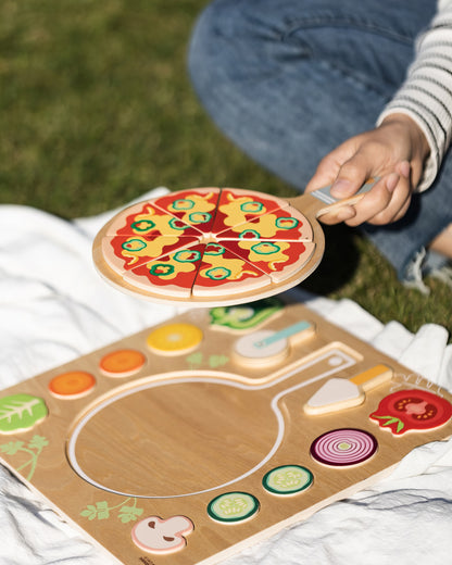 Ahşap Pizza Yapboz Seti - Şekil Eşleştirme ve Mutfak Oyunu (22 Parça