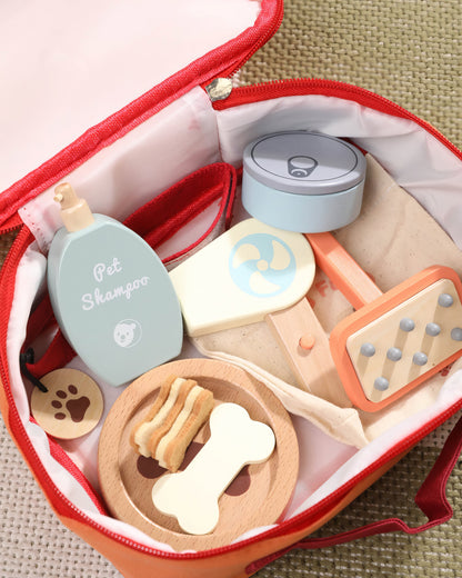 Ahşap Veteriner Seti ve Taşıma Çantası - Hayvan Bakım Oyunu (15 Parça)