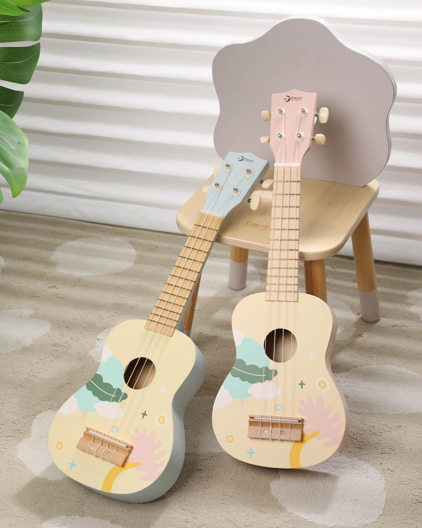 Ahşap Pembe Çocuk Gitarı Ukulelesi - Eğitici Oyuncak Müzik Aleti