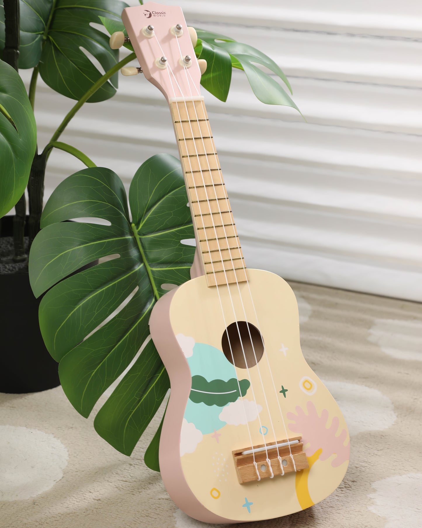 Ahşap Pembe Çocuk Gitarı Ukulelesi - Eğitici Oyuncak Müzik Aleti