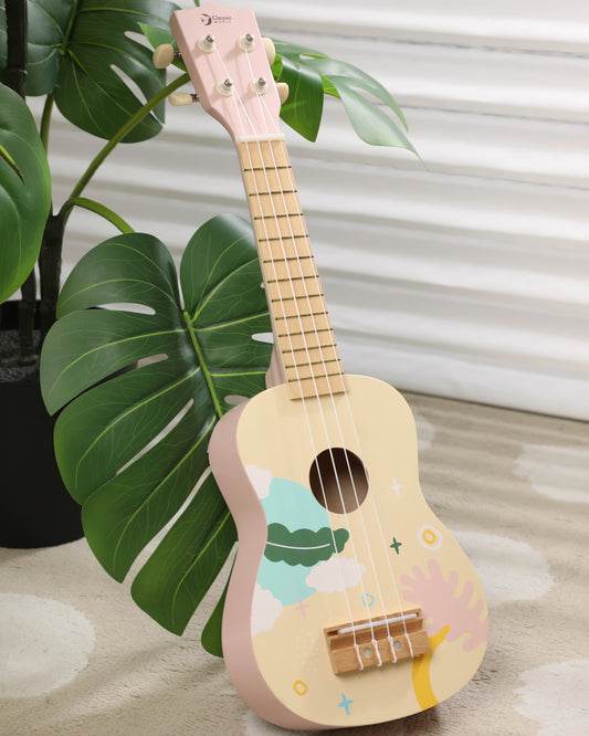 Ahşap Pembe Çocuk Gitarı Ukulelesi - Eğitici Oyuncak Müzik Aleti