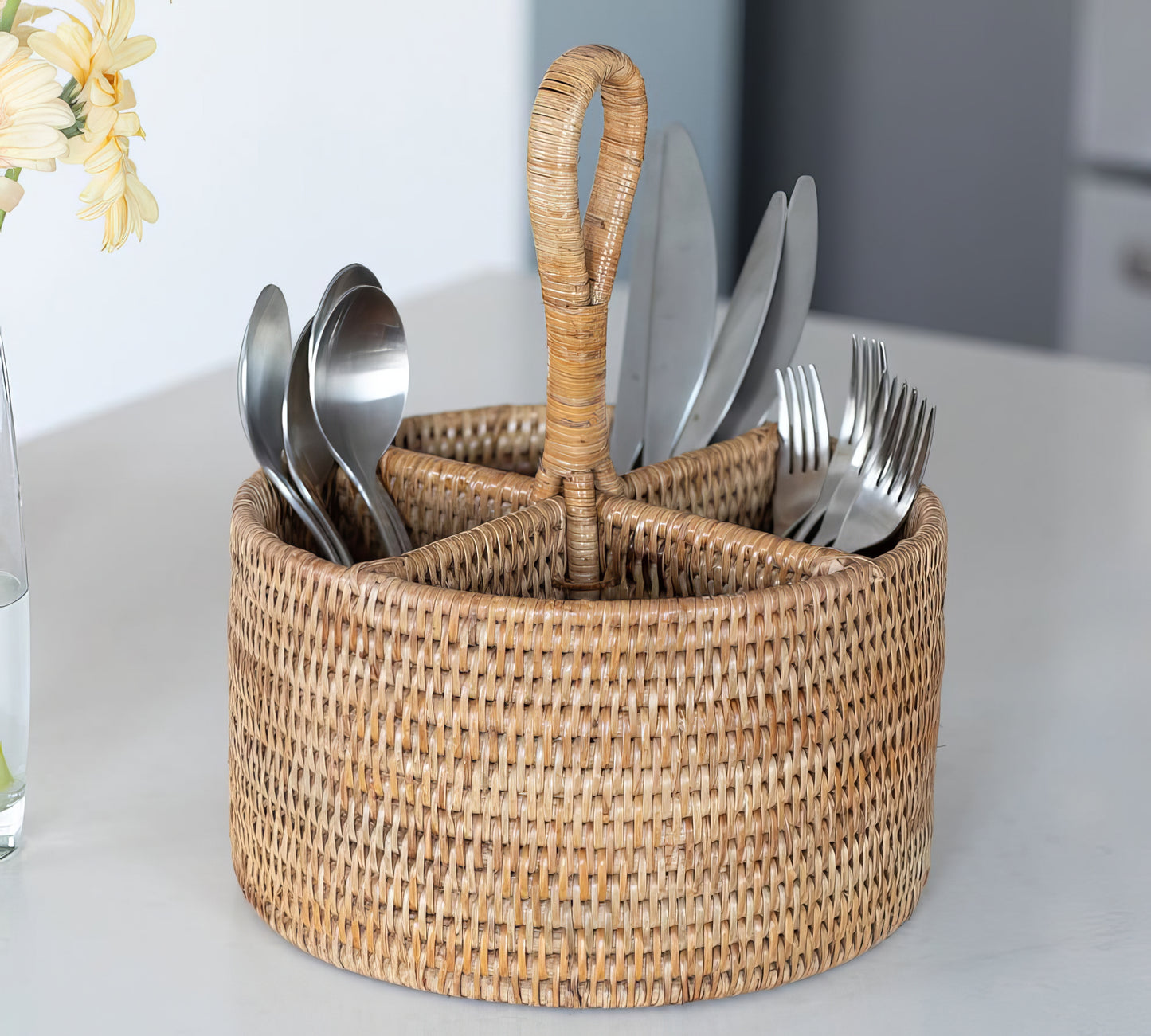 Rattan Yuvarlak Kaşıklık & Dekoratif Mutfak Tezgahı Düzenleyici
