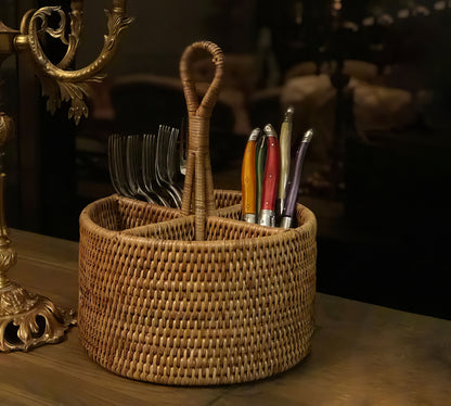 Rattan Yuvarlak Kaşıklık & Dekoratif Mutfak Tezgahı Düzenleyici