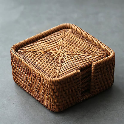Dikdörtgen Rattan Bardak Altlığı 6’lı Set & Dekoratif Kare Bardak Standı