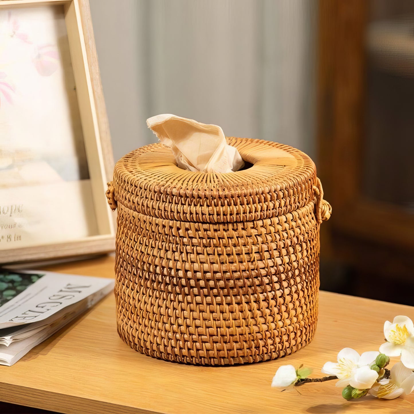 Rattan Yuvarlak Selpaklık & Dekoratif Kağıt Mendil ve Organizer Düzenleyici