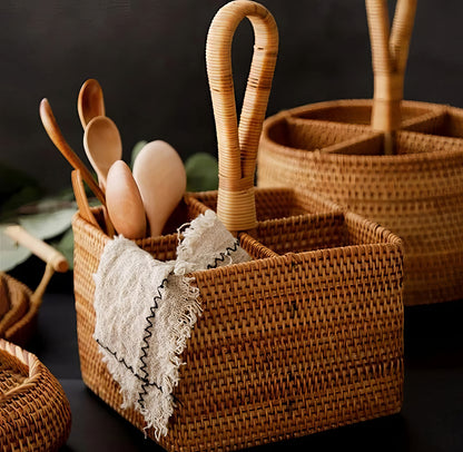 Rattan Kare Kaşıklık Organizer & Dekoratif Mutfak Gereçleri Düzenleyici
