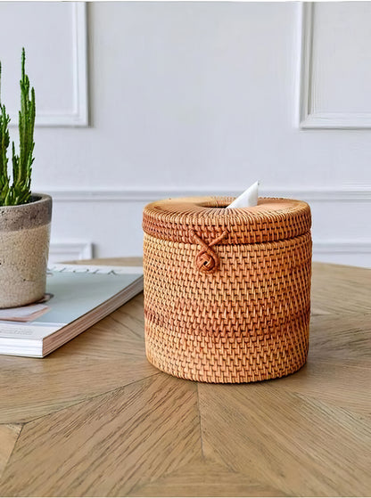 Rattan Yuvarlak Selpaklık & Dekoratif Kağıt Mendil ve Organizer Düzenleyici