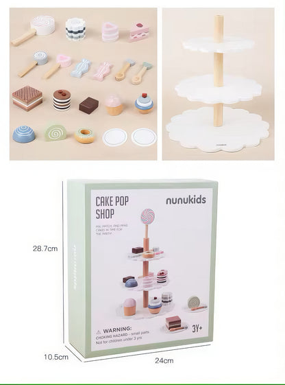 Montessori Ahşap 3 Katlı Pasta ve Tatlı Sunum Standı – Eğitici Mutfak Oyuncak Seti
