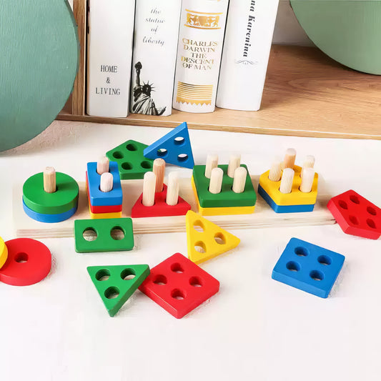 Montessori Ahşap Geometrik Şekil Eşleştirme Seti – Eğitici ve Renkli Puzzle Oyuncak (29 x 6 cm)