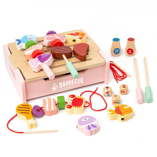 Montessori İlhamlı Barbekü Oyun Seti – Doğal Ahşap, Pembe ve Yeşil