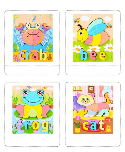 Montessori Ahşap 12 Parça İngilizce Eğitici Yapboz Seti – Hayvan ve Araç Temalı Puzzle (14.8 x 17.8 cm)
