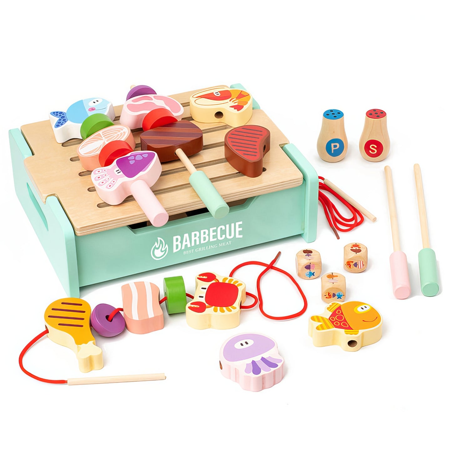 Montessori İlhamlı Barbekü Oyun Seti – Doğal Ahşap, Pembe ve Yeşil