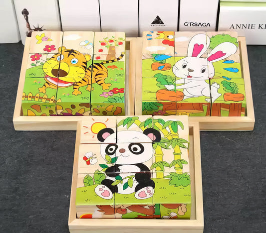 Montessori Ahşap 3'lü 3D Puzzle Seti – Kaplan, Tavşan, Panda