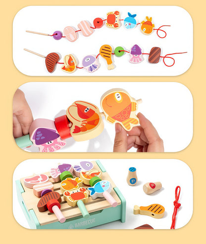 Montessori İlhamlı Barbekü Oyun Seti – Doğal Ahşap, Pembe ve Yeşil