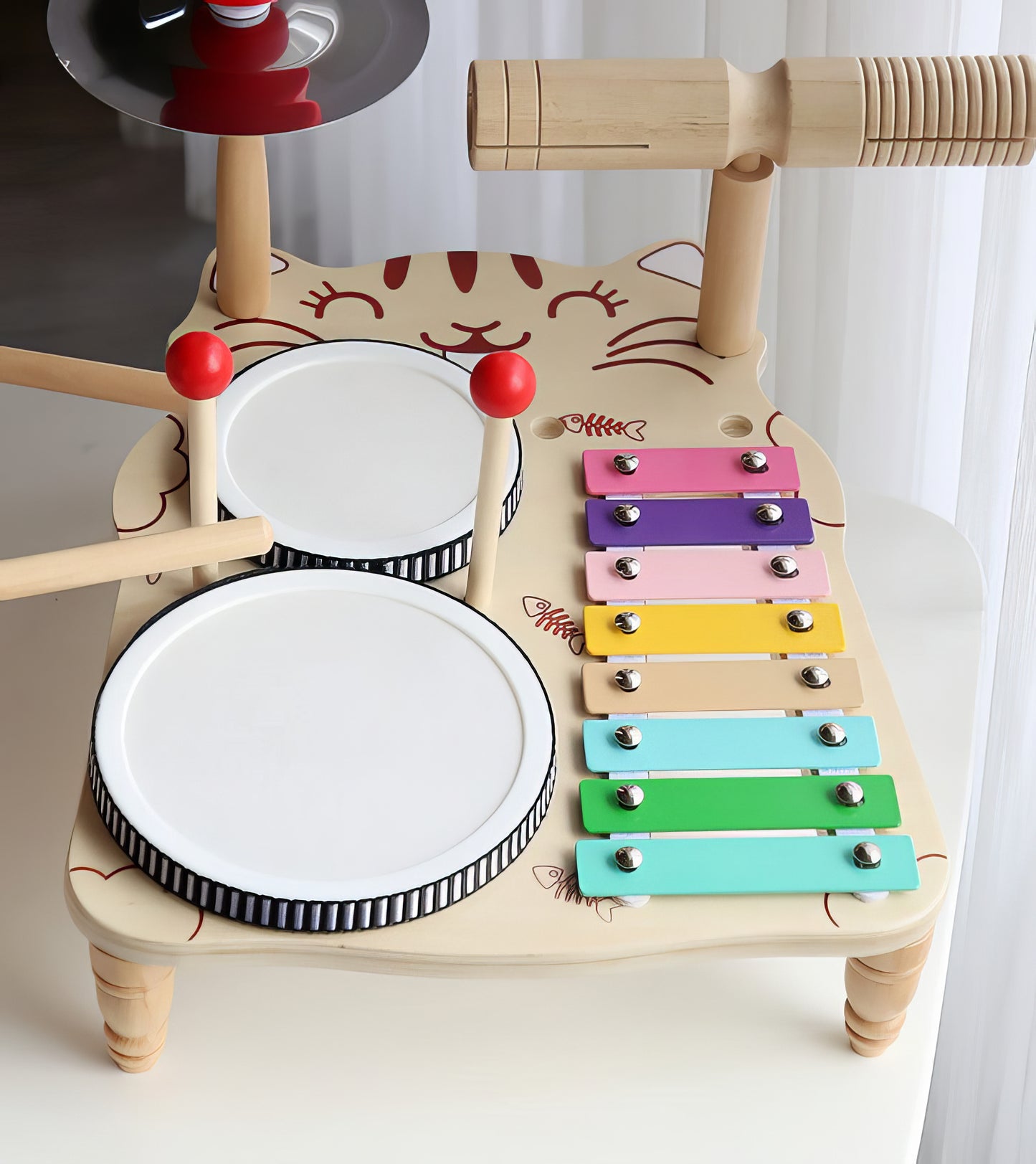 Montessori Ahşap Kedili Müzik & Davul Seti – Ritimle Öğren, Eğlenerek Geliş!