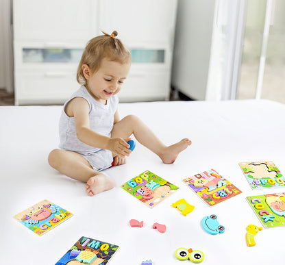 Montessori Ahşap 12 Parça İngilizce Eğitici Yapboz Seti – Hayvan ve Araç Temalı Puzzle (14.8 x 17.8 cm)