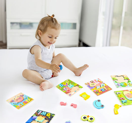 Montessori Ahşap 12 Parça İngilizce Eğitici Yapboz Seti – Hayvan ve Araç Temalı Puzzle (14.8 x 17.8 cm)