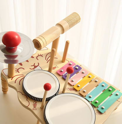 Montessori Ahşap Kedili Müzik & Davul Seti – Ritimle Öğren, Eğlenerek Geliş!