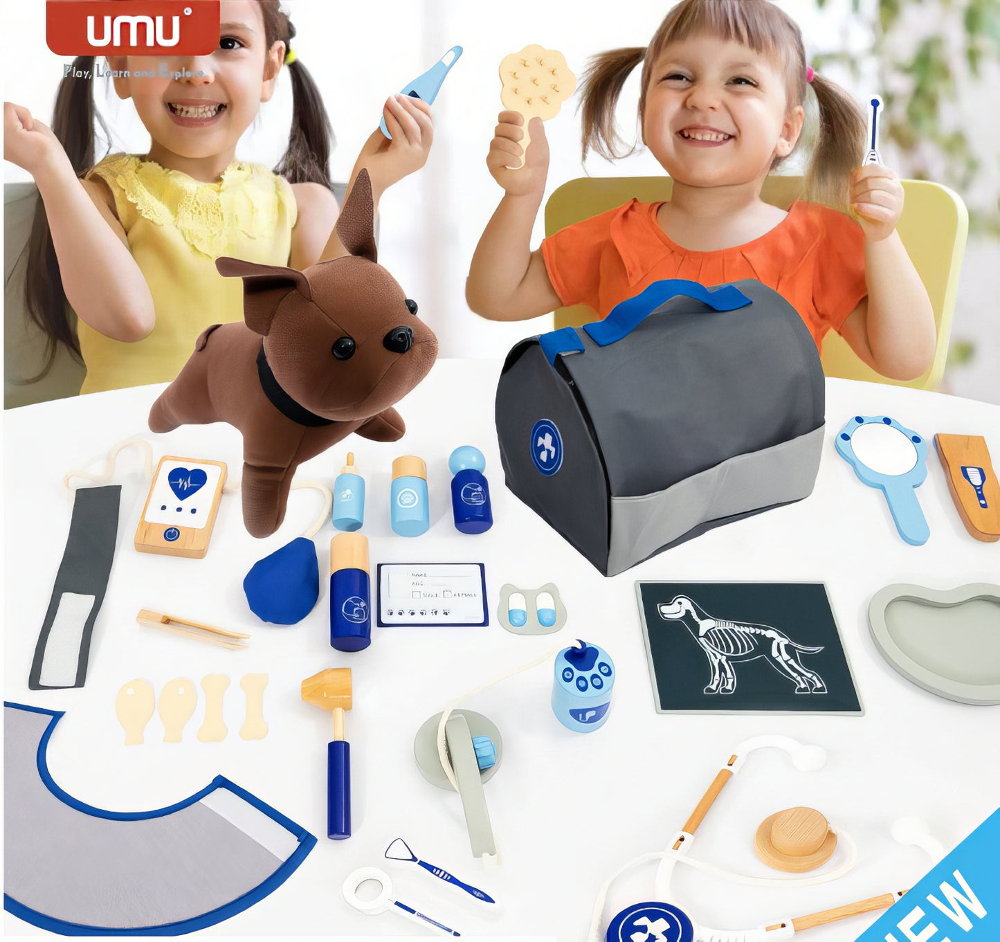 Montessori Ahşap Veteriner Oyuncak Seti – 37 Parça Mavi Taşıma Çantalı