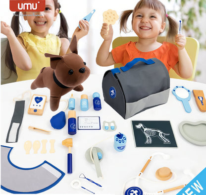 Montessori Ahşap Veteriner Oyuncak Seti – 37 Parça Mavi Taşıma Çantalı