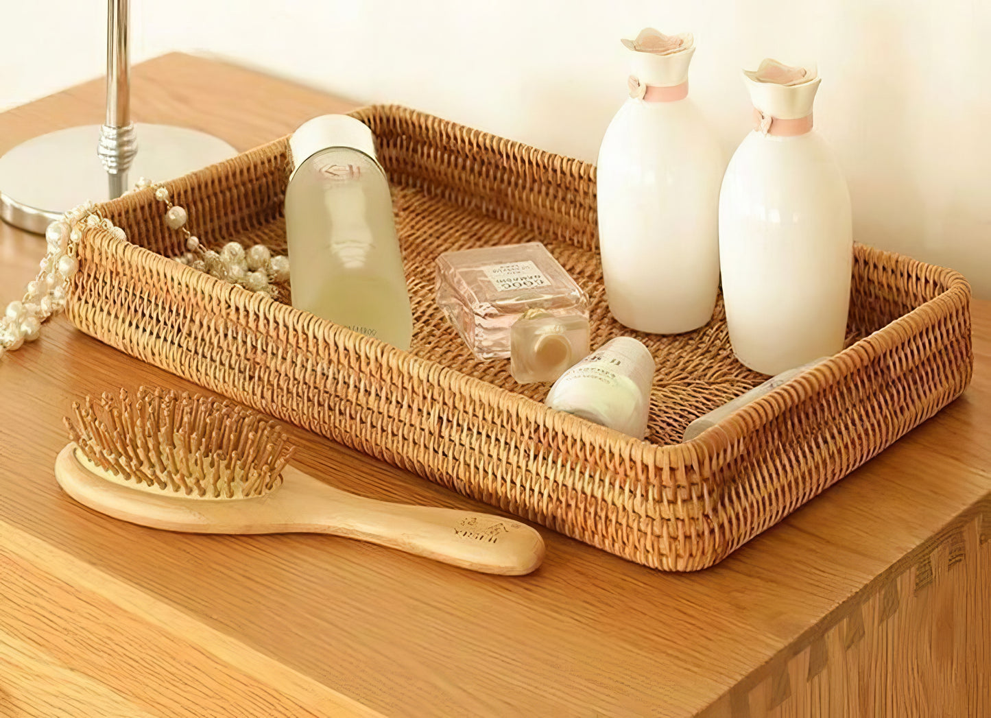 Dikdörtgen Rattan Tepsi Organizer & Çok Amaçlı Banyo, Makyaj ve Mutfak Düzenleyici