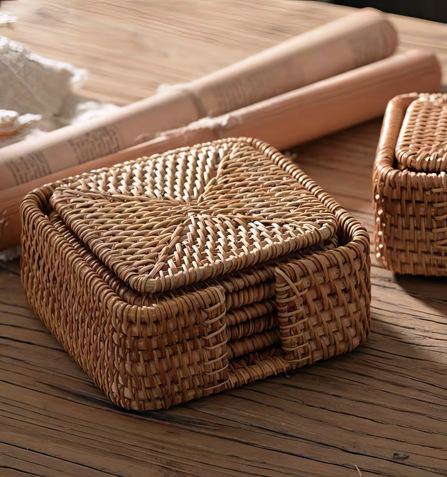 Dikdörtgen Rattan Bardak Altlığı 6’lı Set & Dekoratif Kare Bardak Standı