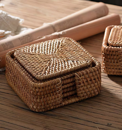 Dikdörtgen Rattan Bardak Altlığı 6’lı Set & Dekoratif Kare Bardak Standı
