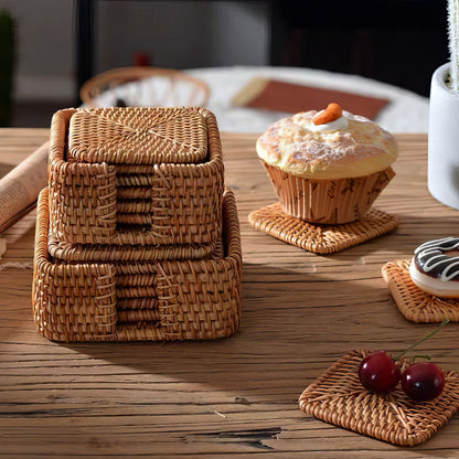 Dikdörtgen Rattan Bardak Altlığı 6’lı Set & Dekoratif Kare Bardak Standı