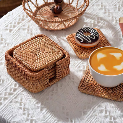 Dikdörtgen Rattan Bardak Altlığı 6’lı Set & Dekoratif Kare Bardak Standı