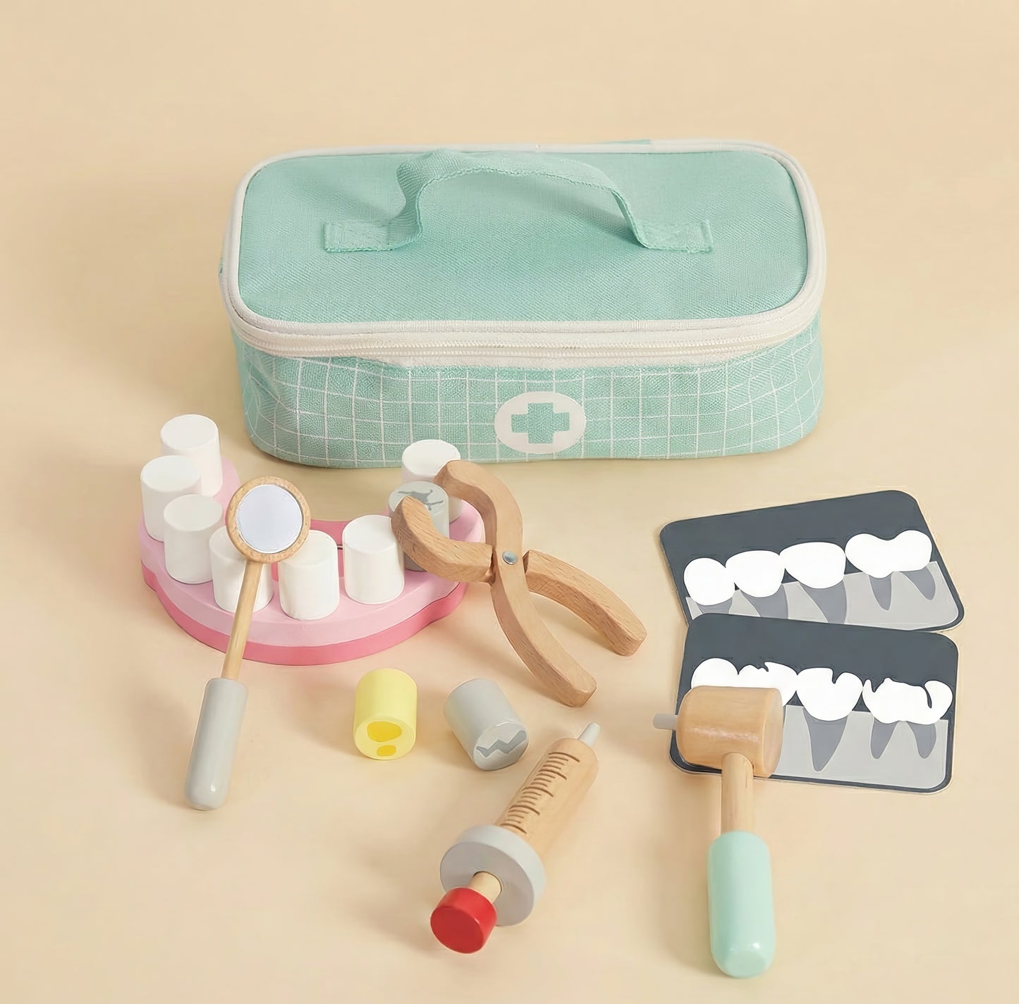 Ahşap Dişçi Seti ve Çantası - Oyuncak Doktor Malzemeleri (18 Parça)