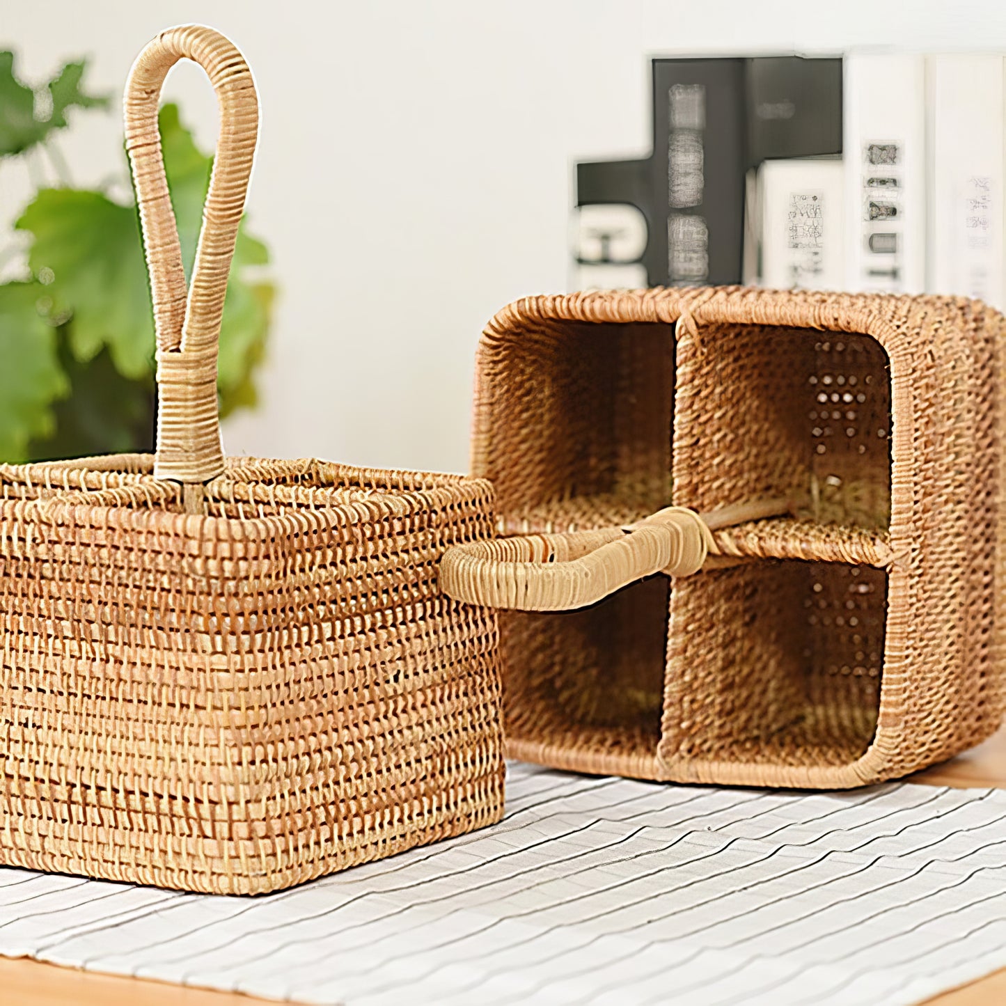 Rattan Kare Kaşıklık Organizer & Dekoratif Mutfak Gereçleri Düzenleyici