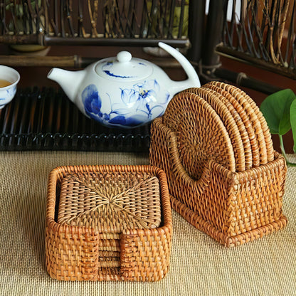 Dikdörtgen Rattan Bardak Altlığı 6’lı Set & Dekoratif Kare Bardak Standı