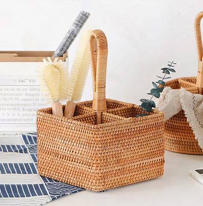 Rattan Kare Kaşıklık Organizer & Dekoratif Mutfak Gereçleri Düzenleyici