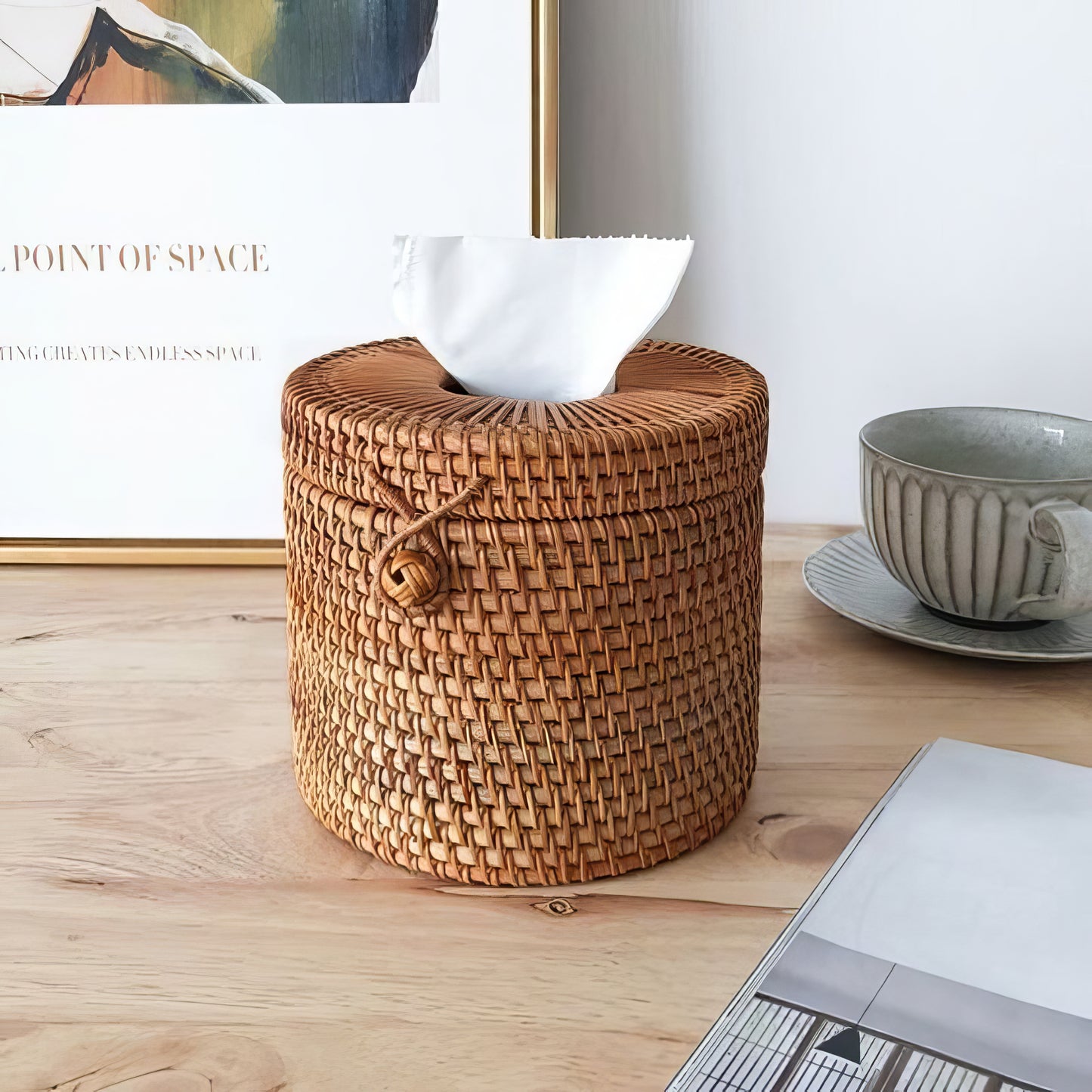 Rattan Yuvarlak Selpaklık & Dekoratif Kağıt Mendil ve Organizer Düzenleyici