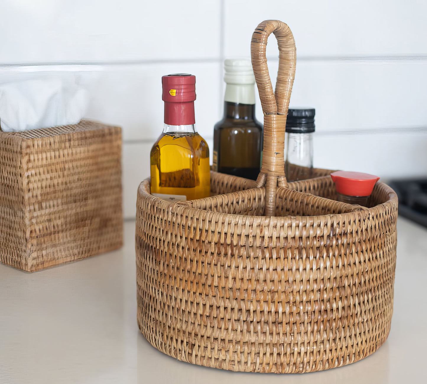 Rattan Yuvarlak Kaşıklık & Dekoratif Mutfak Tezgahı Düzenleyici