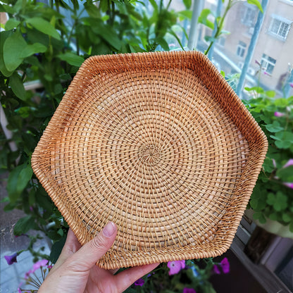 Rattan Altıgen Tepsi Organizer & Dekoratif Mutfak, Banyo ve Makyaj Sunum Tepsisi