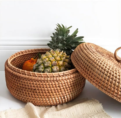 Rattan Yuvarlak Kapaklı Kase Organizer & Dekoratif Kapaklı Düzenleyici