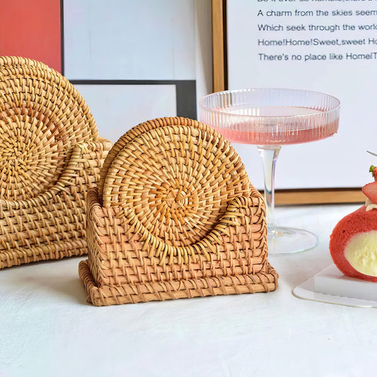 Rattan Yuvarlak Bardak Altlığı 6’lı Set & Dekoratif Bardak Standı