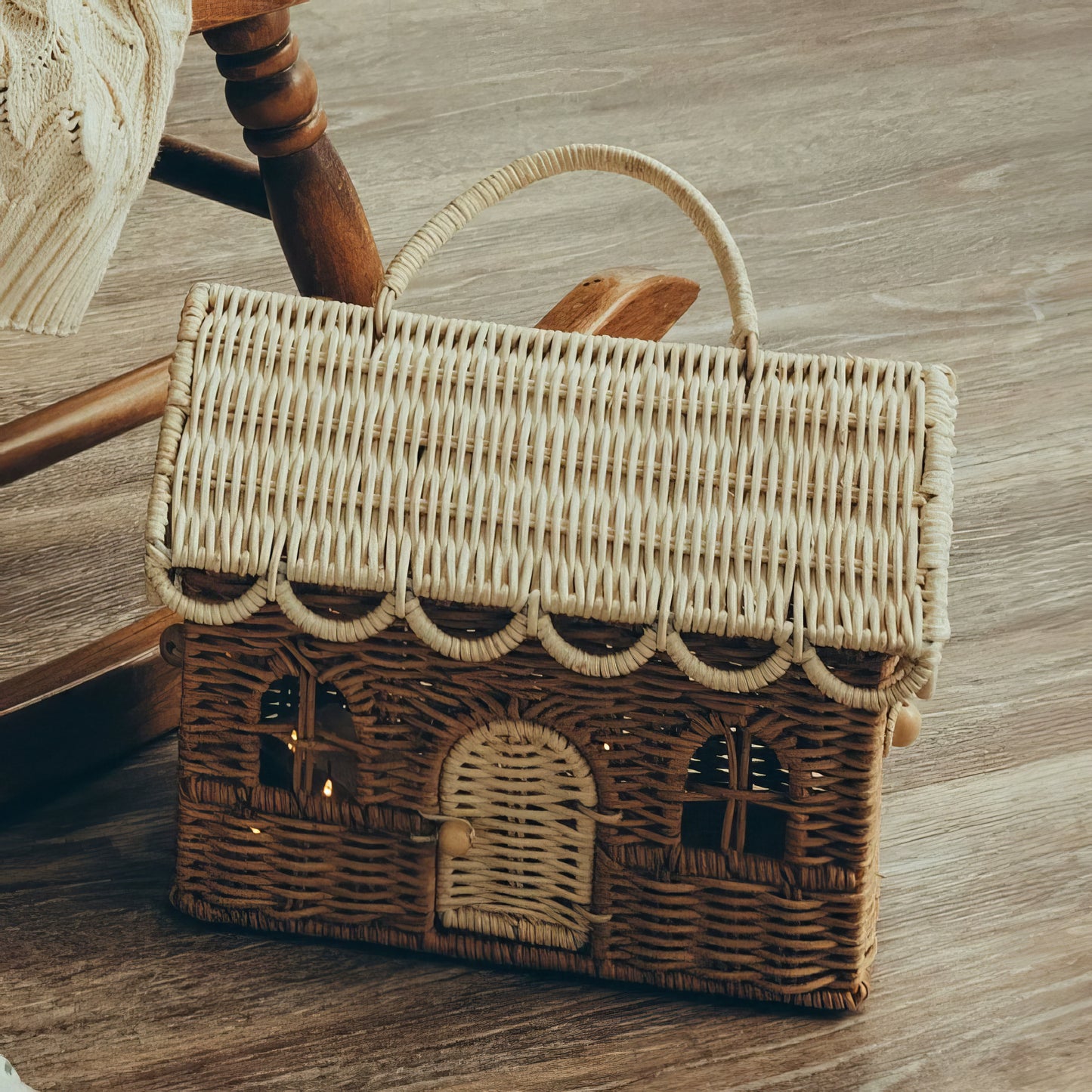 Rattan & Bambu Dikdörtgen Kapaklı Çocuk Evi & Dekoratif Çocuk Odası Organizer Sepet