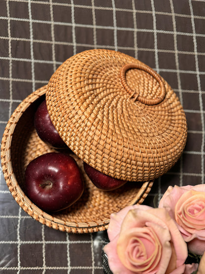 Rattan Yuvarlak Kapaklı Kase Organizer & Dekoratif Kapaklı Düzenleyici