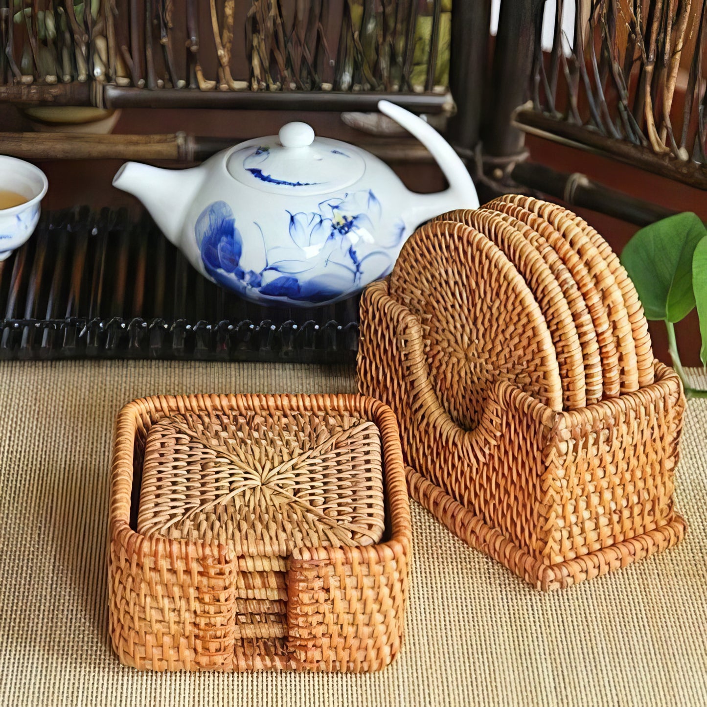 Rattan Yuvarlak Bardak Altlığı 6’lı Set & Dekoratif Bardak Standı