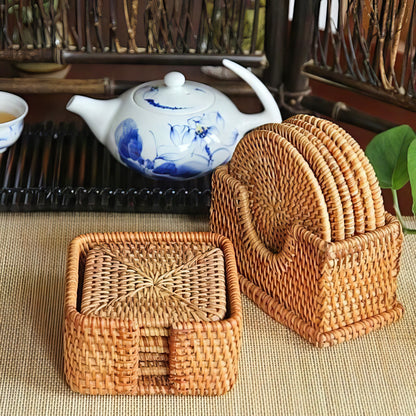 Rattan Yuvarlak Bardak Altlığı 6’lı Set & Dekoratif Bardak Standı