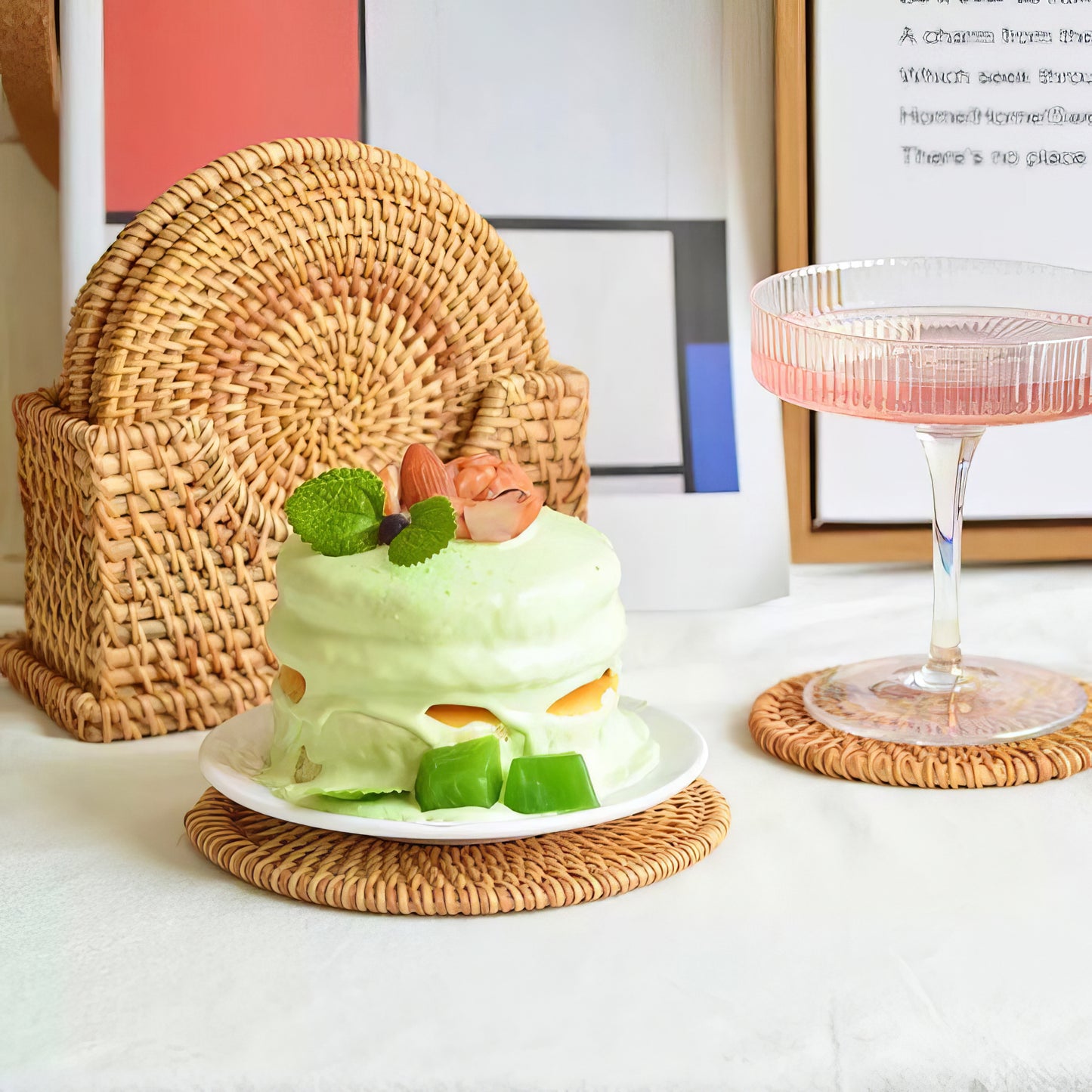 Rattan Yuvarlak Bardak Altlığı 6’lı Set & Dekoratif Bardak Standı