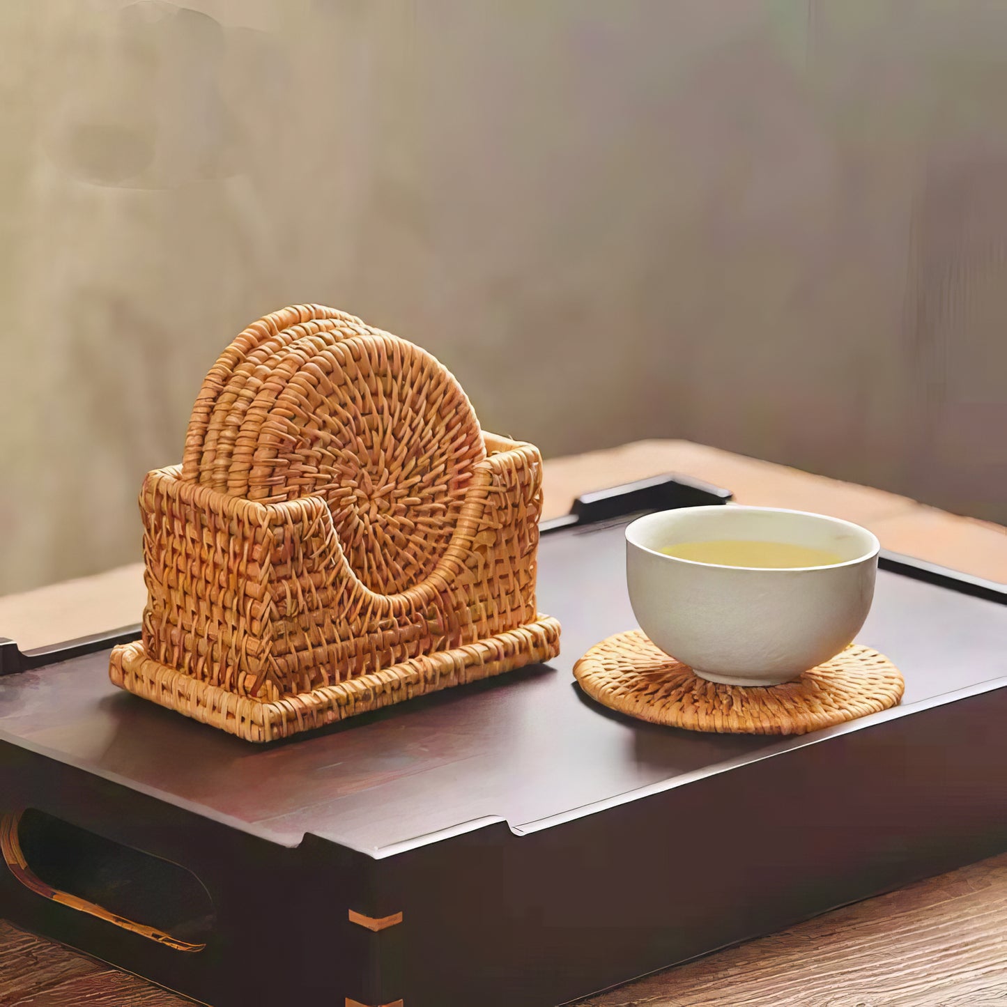 Rattan Yuvarlak Bardak Altlığı 6’lı Set & Dekoratif Bardak Standı