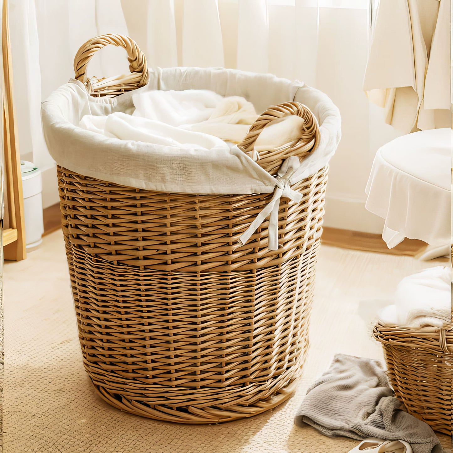 Rattan & Bambu Kulplu Yuvarlak Sepet Organizer & Dekoratif Geniş Depolama Sepeti