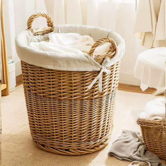 Rattan & Bambu Kulplu Yuvarlak Sepet Organizer & Dekoratif Geniş Depolama Sepeti