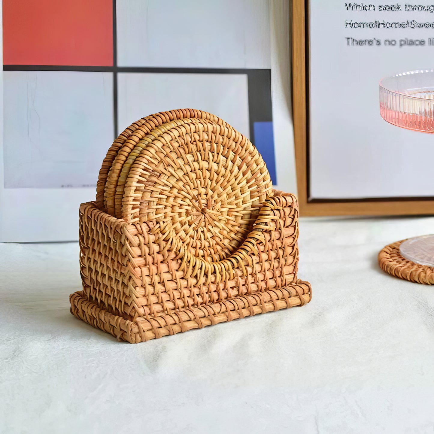 Rattan Yuvarlak Bardak Altlığı 6’lı Set & Dekoratif Bardak Standı